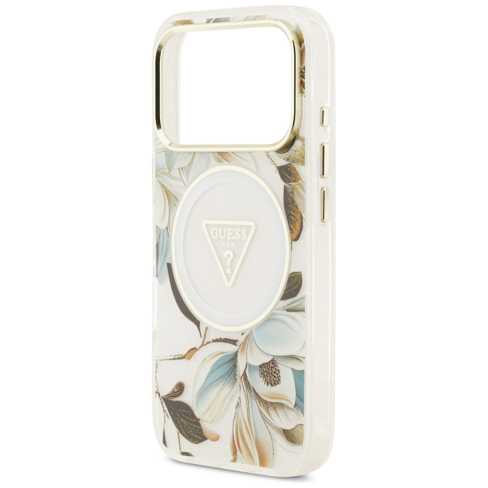 MagSafe Case for Apple iPhone 17 Pro Max, Guess, IML Metal Glitter Flowers Triangle, White
