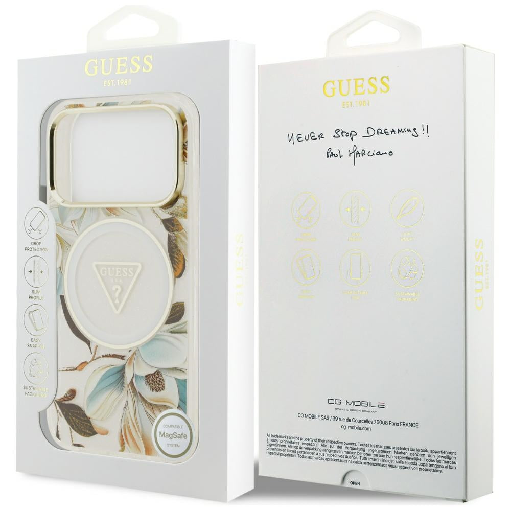 MagSafe Case for Apple iPhone 17 Pro Max, Guess, IML Metal Glitter Flowers Triangle, White