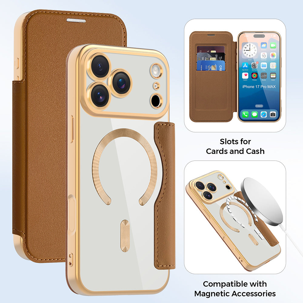 MagSafe Case for Apple iPhone 17 Pro, Techsuit, SmartMag Book, Brown