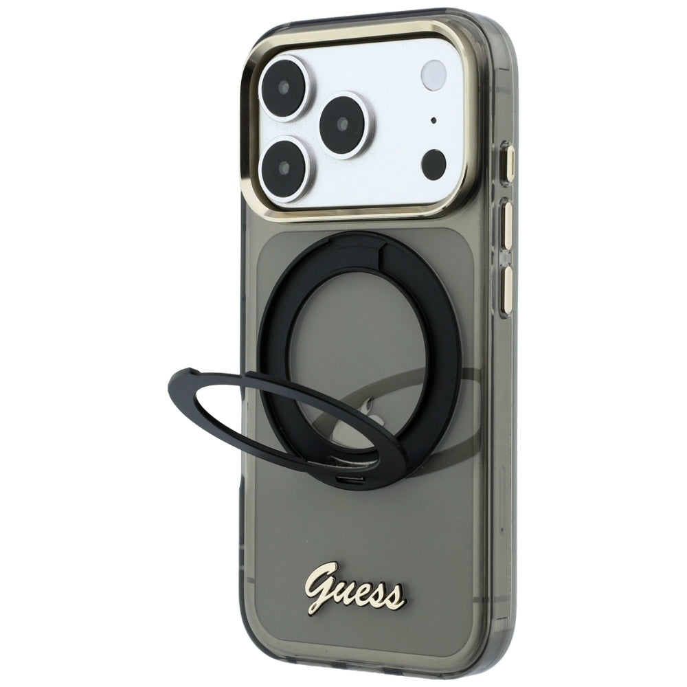 MagSafe Case for Apple iPhone 18 Pro Max / 17 Pro Max, Guess, Ring Stand Script Metal Logo, Black