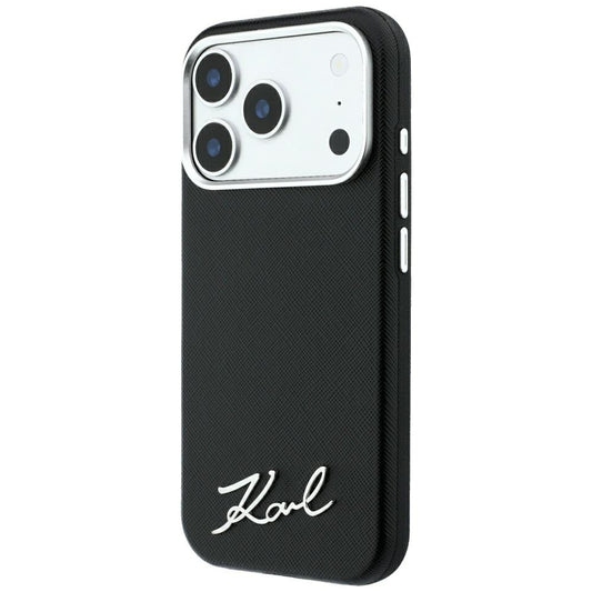 MagSafe Case for Apple iPhone 18 Pro Max / 17 Pro Max, Karl Lagerfeld, Saffiano Small Script Metal Logo, Black