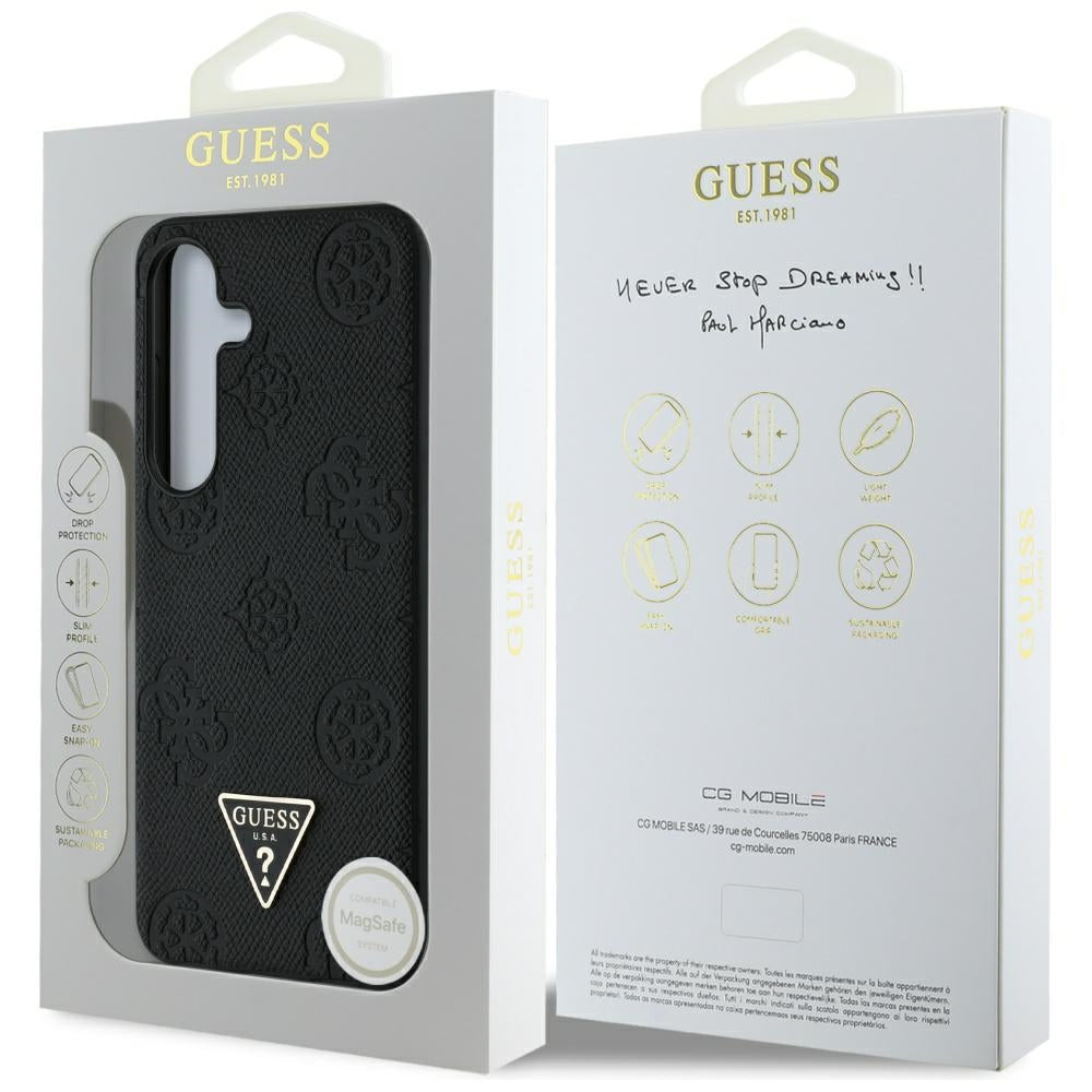 MagSafe Case for Samsung Galaxy S25 S931, Guess, Peony Grained Hot Stamp Triangle, Black