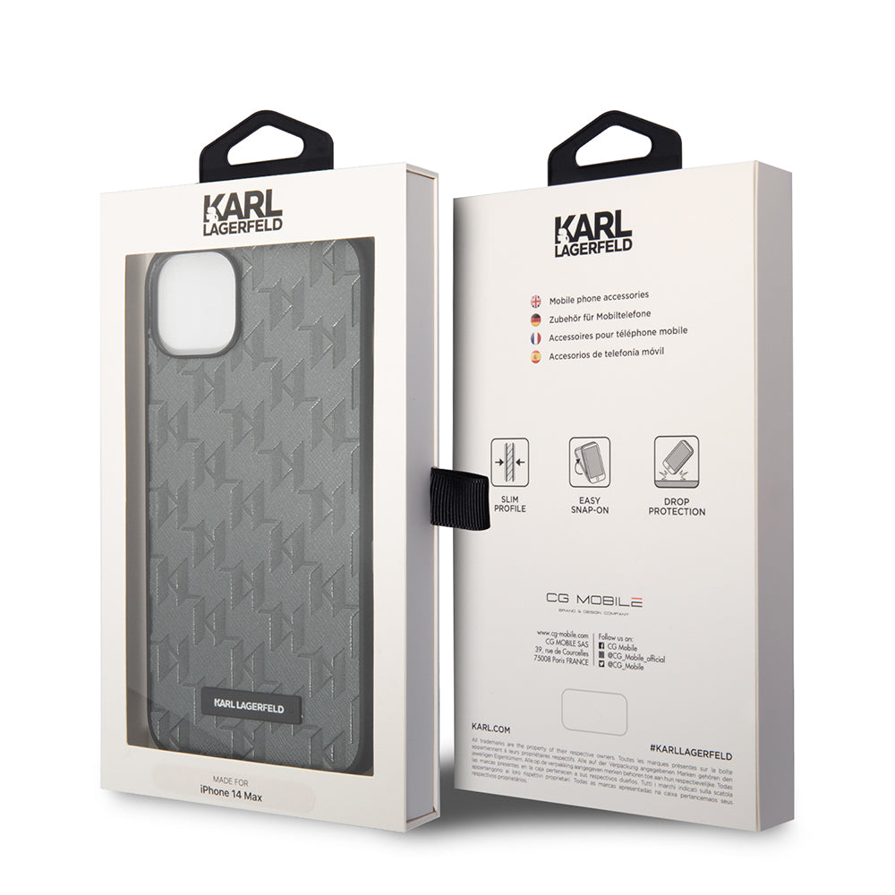 Case for Apple iPhone 14 Plus, Karl Lagerfeld, Saffiano Monogram Metal Logo, Grey