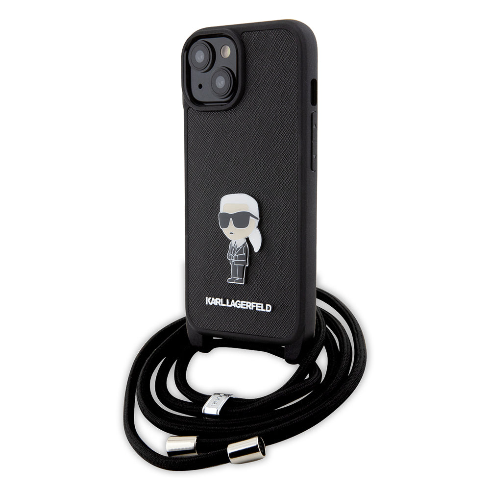 Case for Apple iPhone 15, Karl Lagerfeld, Saffiano Crossbody Monogram Metal Pin Karl, Black