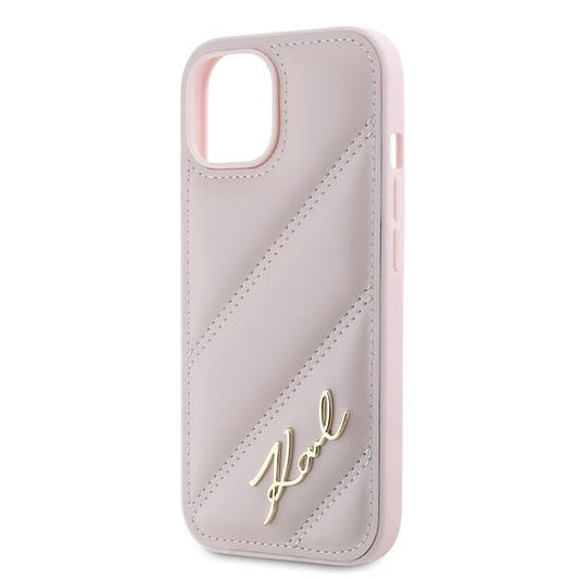Case for Apple iPhone 15 Plus, Karl Lagerfeld, Diagonal Quilted Script, Pink