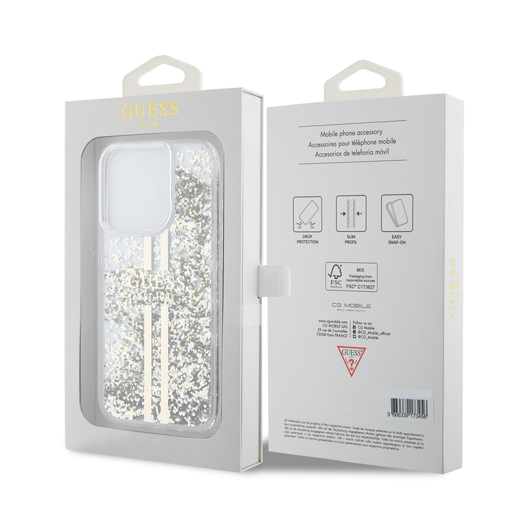Case for Apple iPhone 15 Pro, Guess, Liquid Glitter Gold Stripes, Transparent