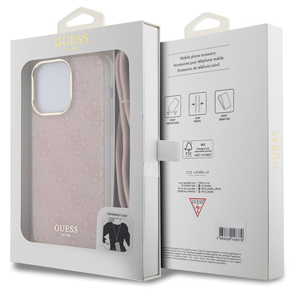 Case for Apple iPhone 16, Guess, Crossbody Cord 4G Print, Pink