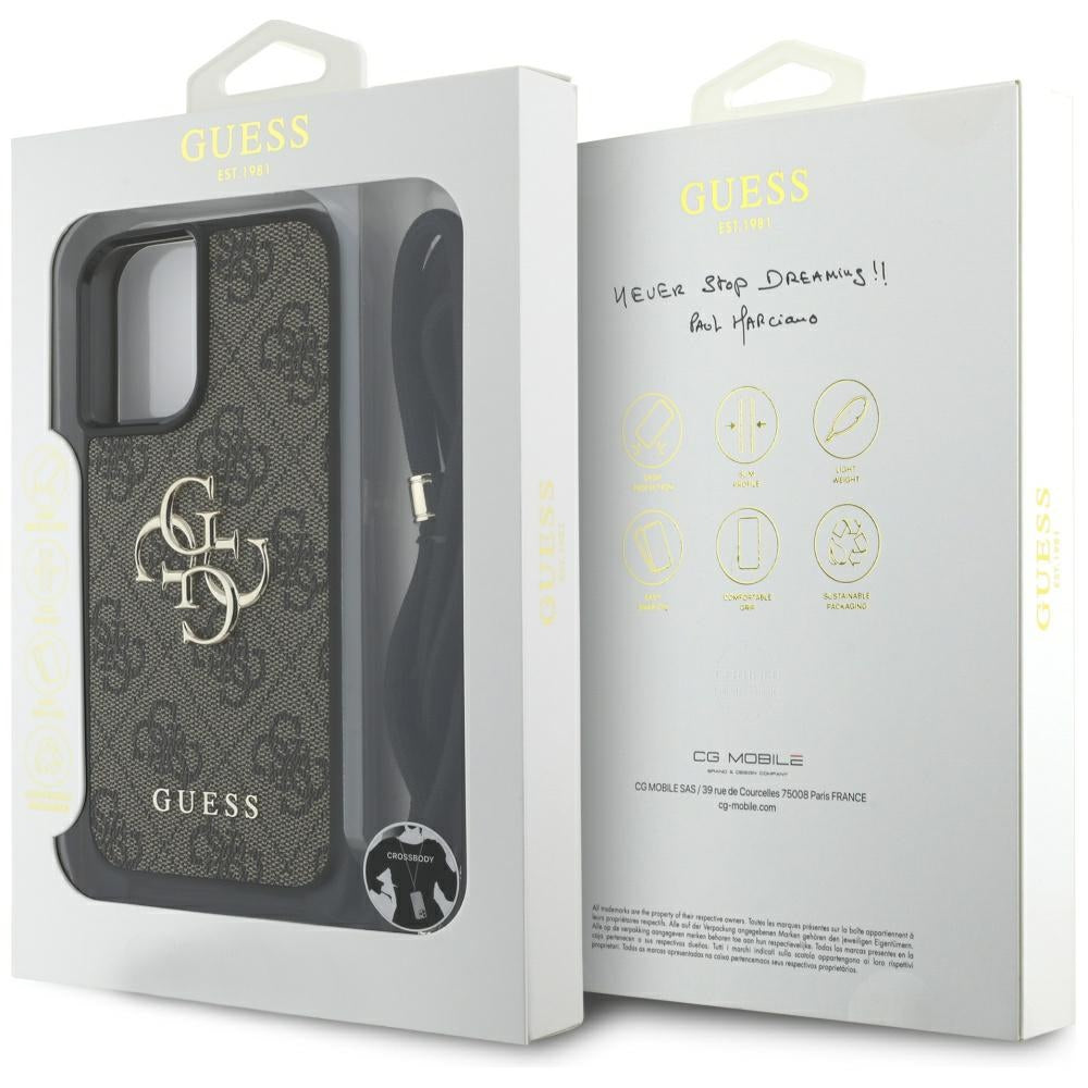 Case for Apple iPhone 16 Plus, Guess, 4G CBDY Big Logo with Cord Strap, Brown