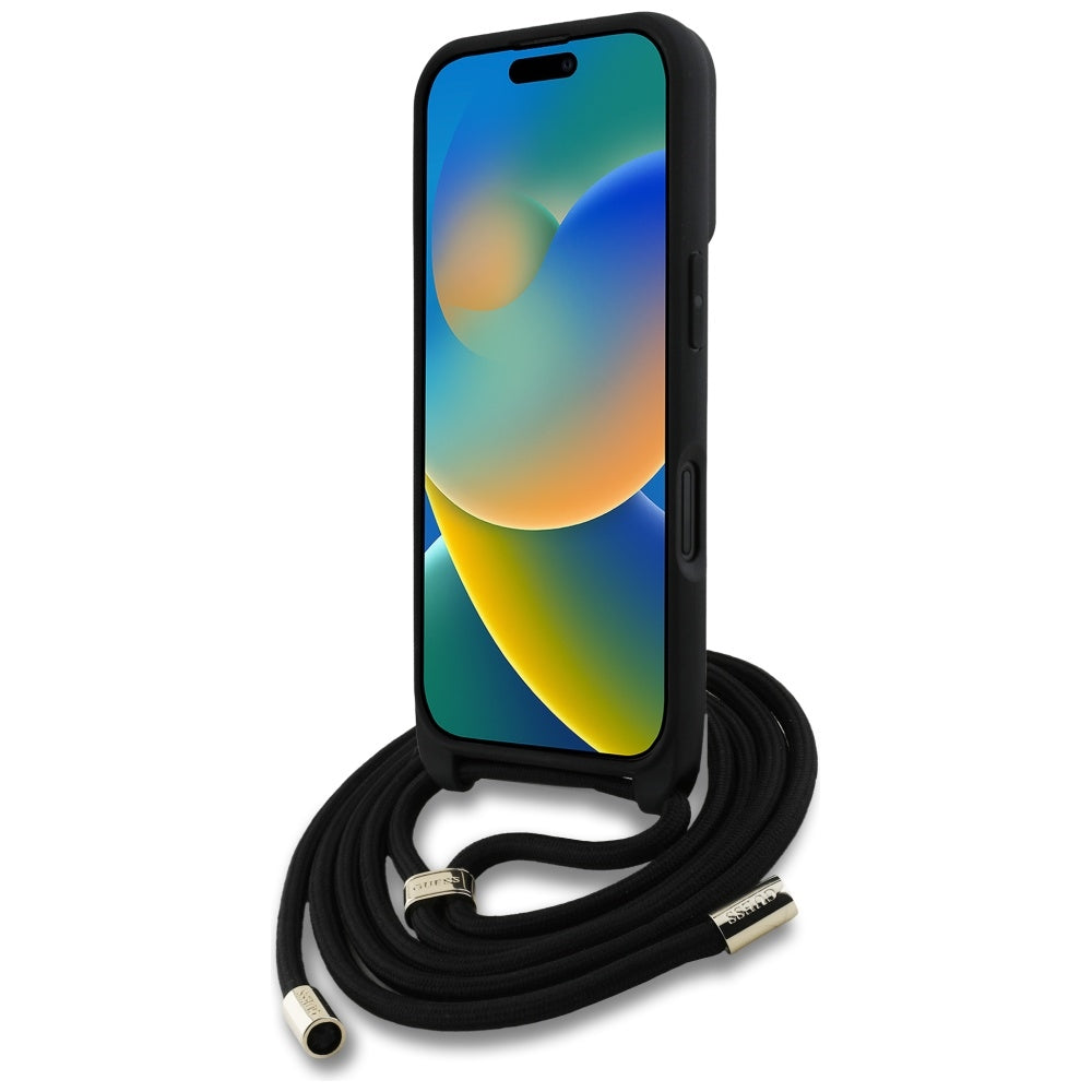 Case for Apple iPhone 16 Plus, Guess, 4G CBDY Big Logo with Cord Strap, Black