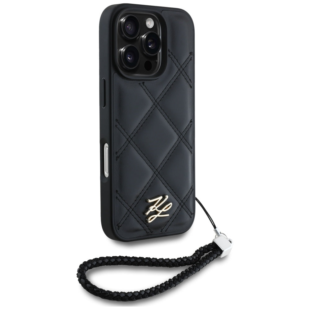 Case for Apple iPhone 16 Pro, Karl Lagerfeld, Quilted Initial Logo & Chain Strap, Black