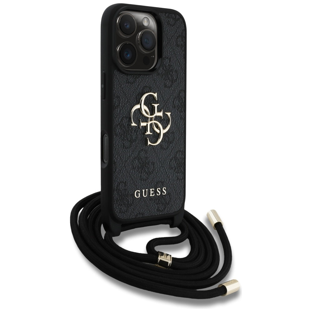 Case for Apple iPhone 16 Pro Max, Guess, 4G CBDY Big Logo with Cord Strap, Black