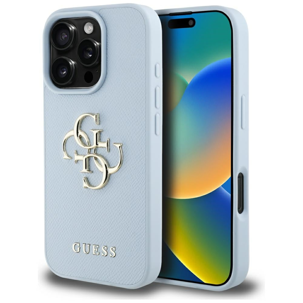 Case for Apple iPhone 16 Pro Max, Guess, Grained Big 4G Logo Small Classic Logo, Blue