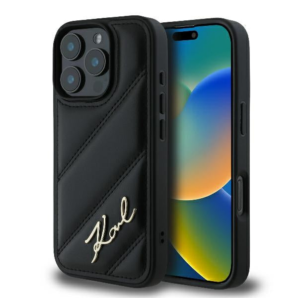 Case for Apple iPhone 16 Pro Max, Karl Lagerfeld, Diagonal Quilted Script, Black