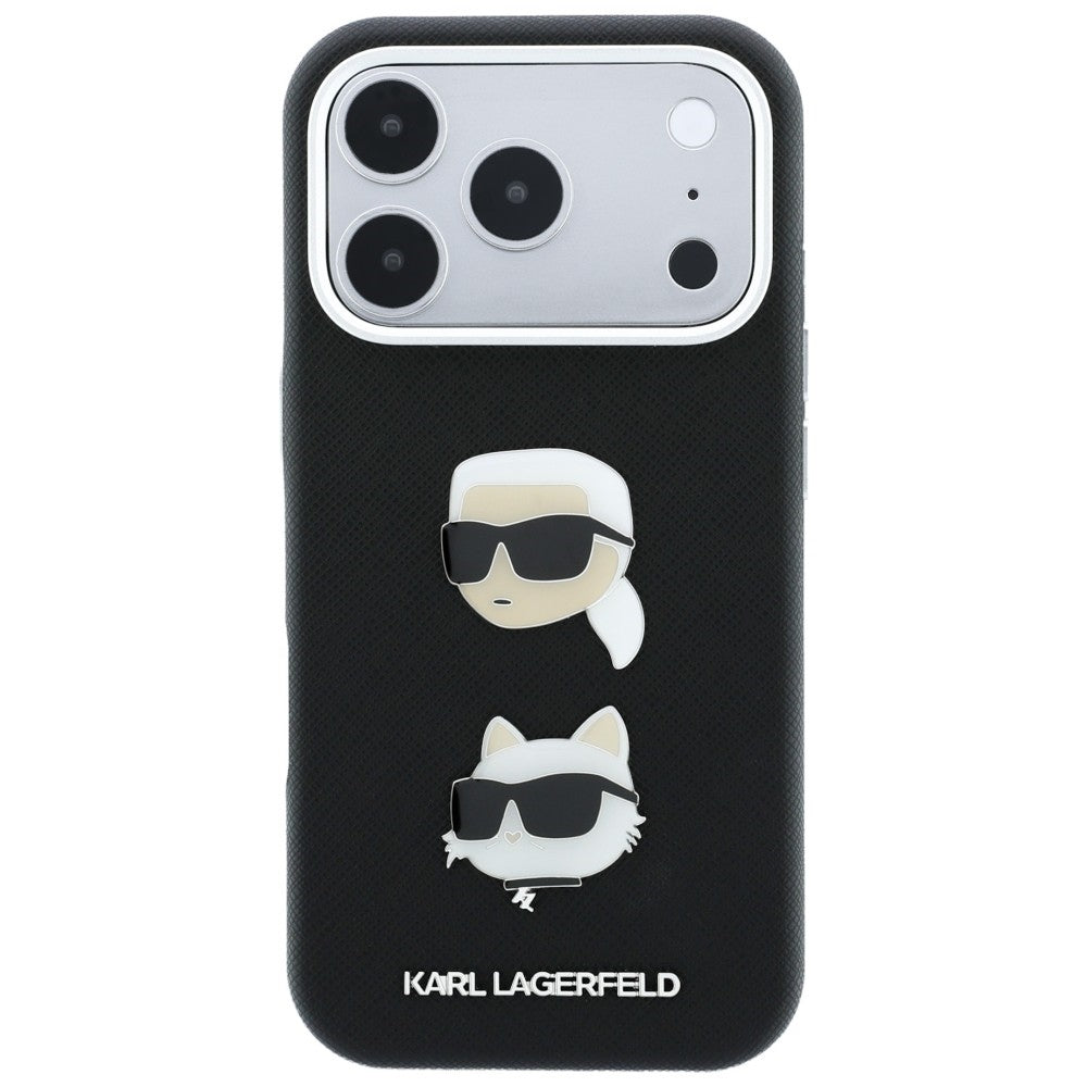 Case for Apple iPhone 18 Pro / 17 Pro, Karl Lagerfeld, Saffiano Crossbody Karl & Choupette Head's Pins Logo, Black