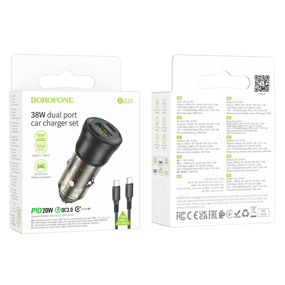 Car Charger with USB-C Cable Borofone BZ25 Journey, 38W, 3A, 1 x USB-A - 1 x USB-C, Black