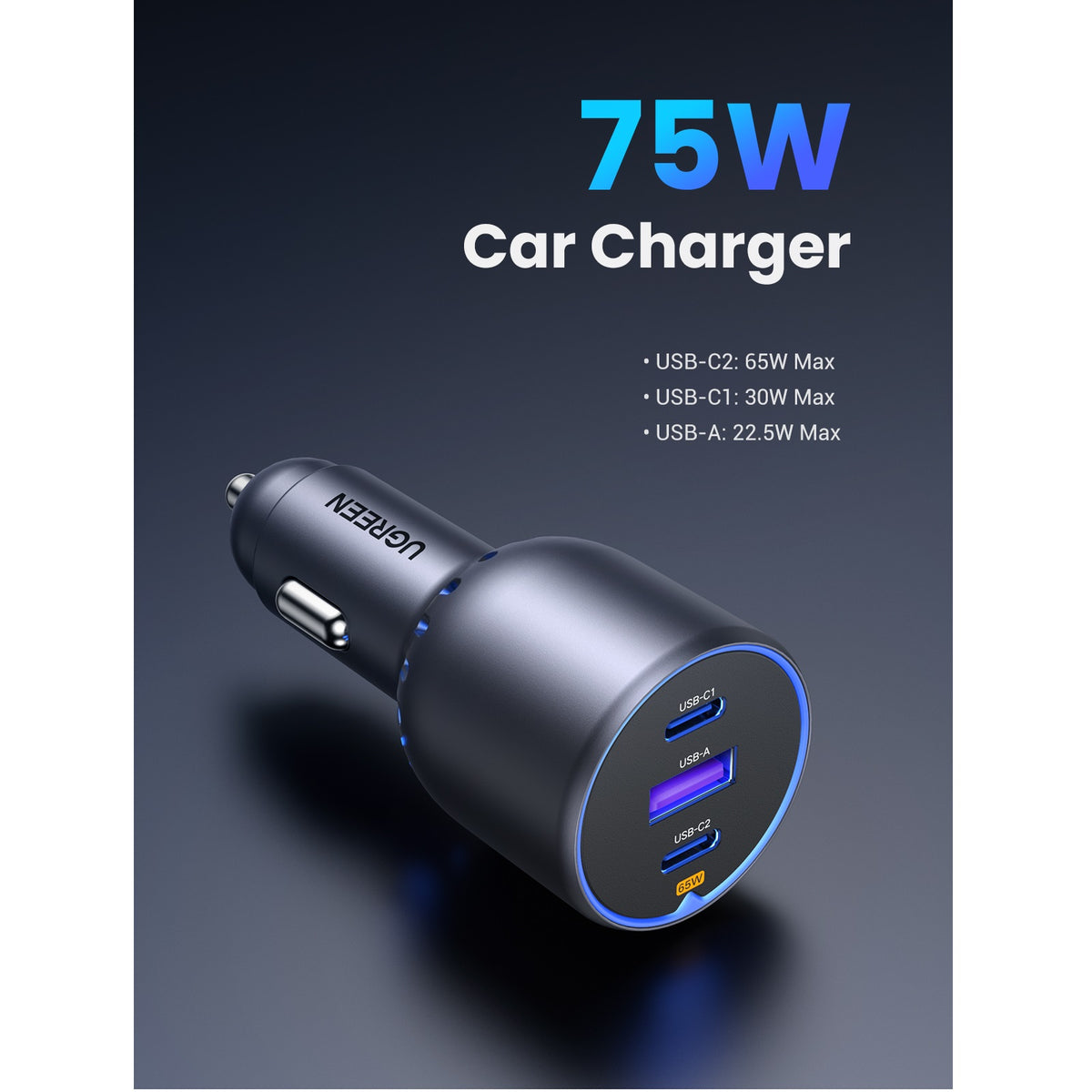UGREEN EC703 Car Charger, 75W, 3.25A, 1 x USB-A - 2 x USB-C, Black