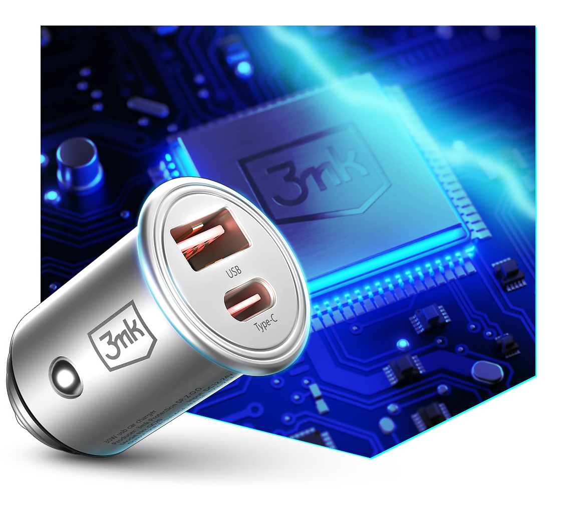 Car Charger 3MK HyperCharger, 30W, 5A, 1 x USB-A - 1 x USB-C, Silver