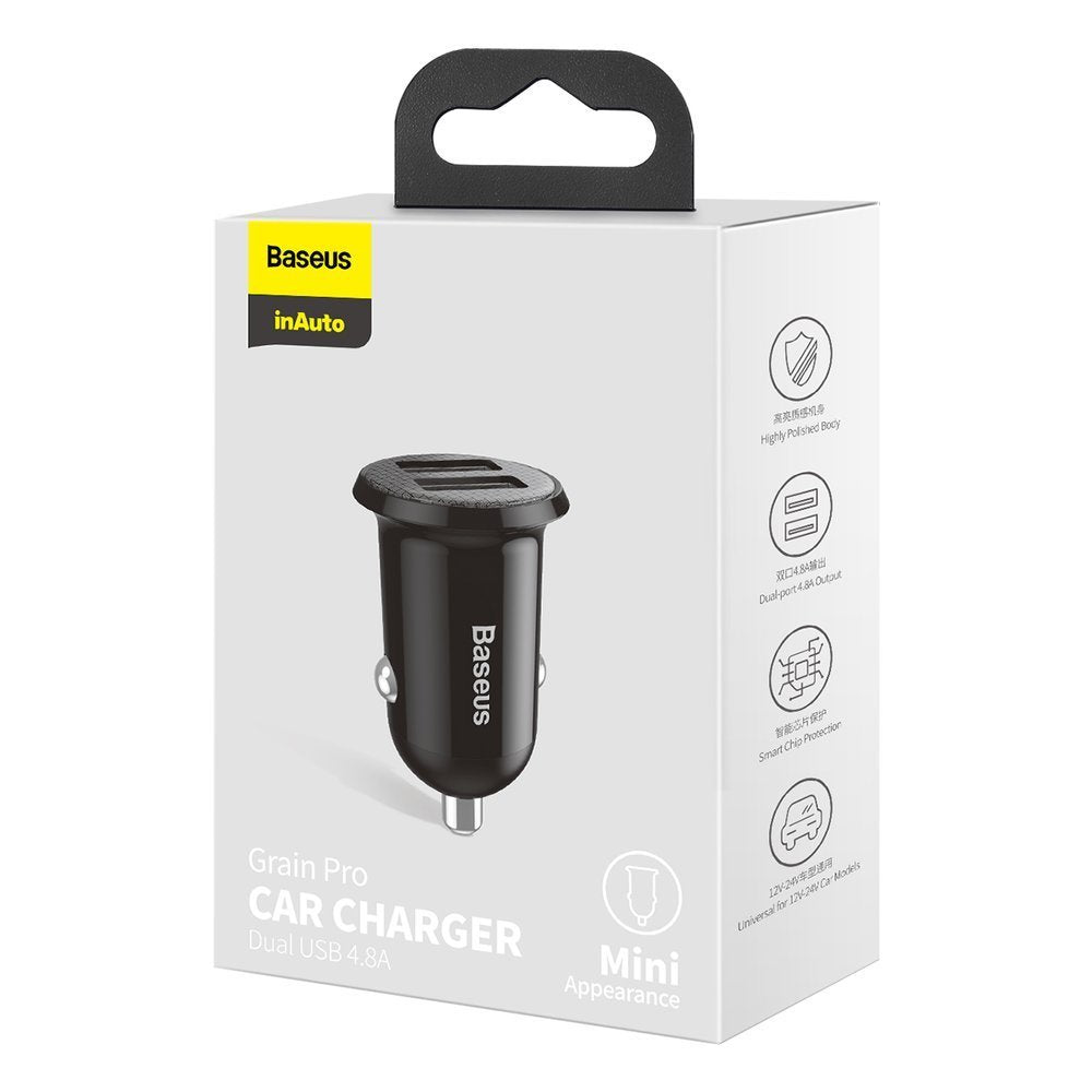 Car Charger Baseus Grain Pro, 24W, 2.4A, 2 x USB-A, Black CCALLP-01