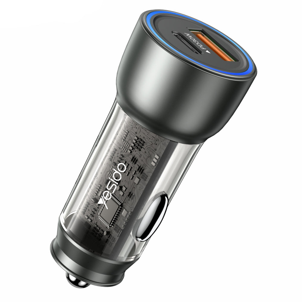 Yesido Y49 Car Charger, 30W, 3A, 1 x USB-A - 1 x USB-C, Grey