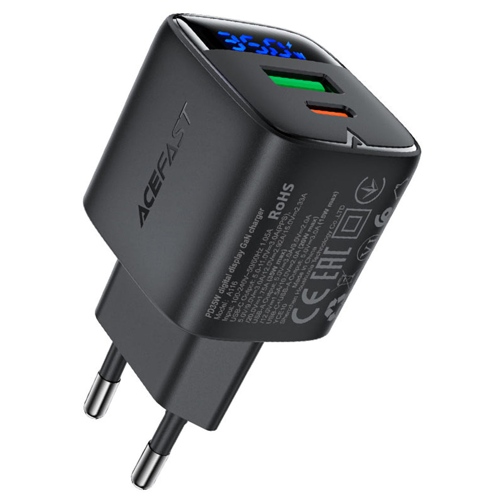Acefast A116 Display Network Charger, 35W, 3A, 1 x USB-A - 1 x USB-C, Black