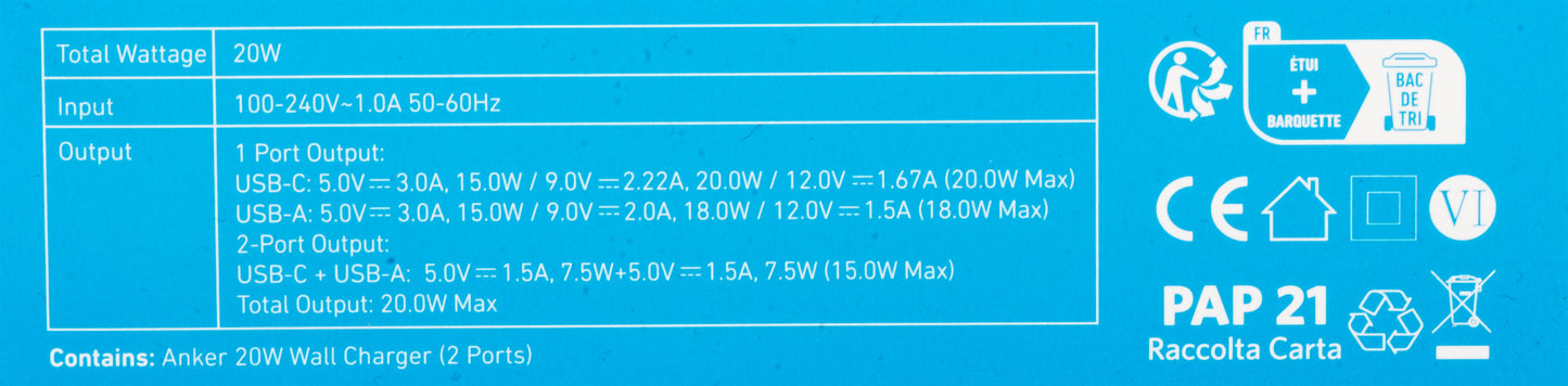 Anker 312 Network Charger, 20W, 3A, 1 x USB-A - 1 x USB-C, White A2348G21