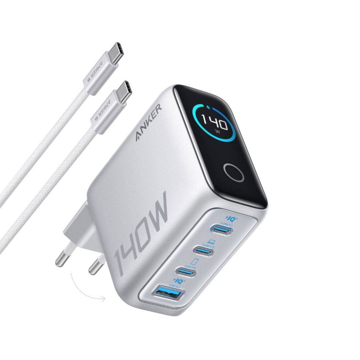Anker Zolo USB-C Network Charger with Cable, 140W, 5A, 1 x USB-A - 3 x USB-C, Silver B2697G41