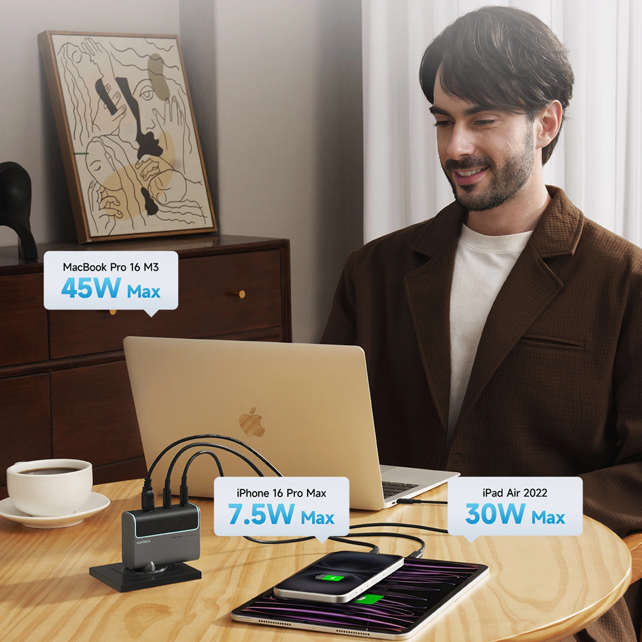 Cuktech Network Charger with USB-C Cable, 100W, 5A, 1 x USB-A - 2 x USB-C, Gray CUKAD1003EUG