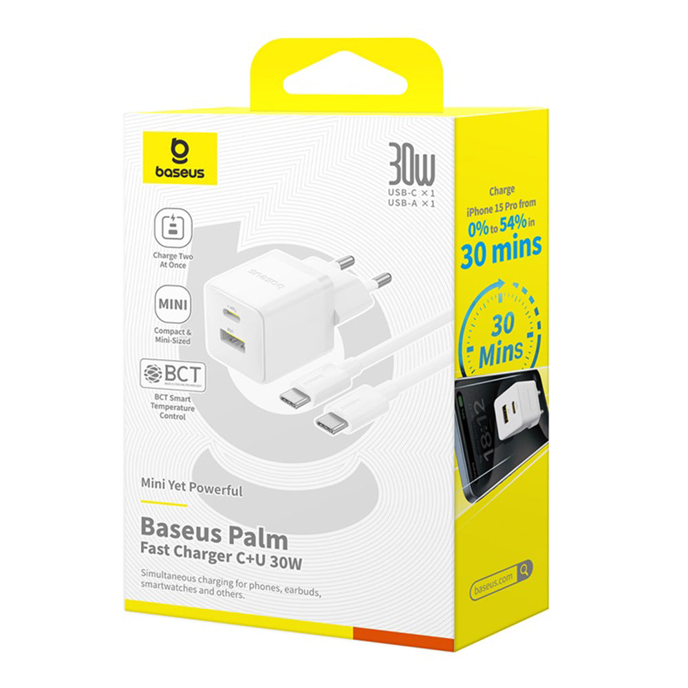 Baseus Palm USB-C Network Charger with Cable, 30W, 3A, 1 x USB-A - 1 x USB-C, White P1011160A213-01