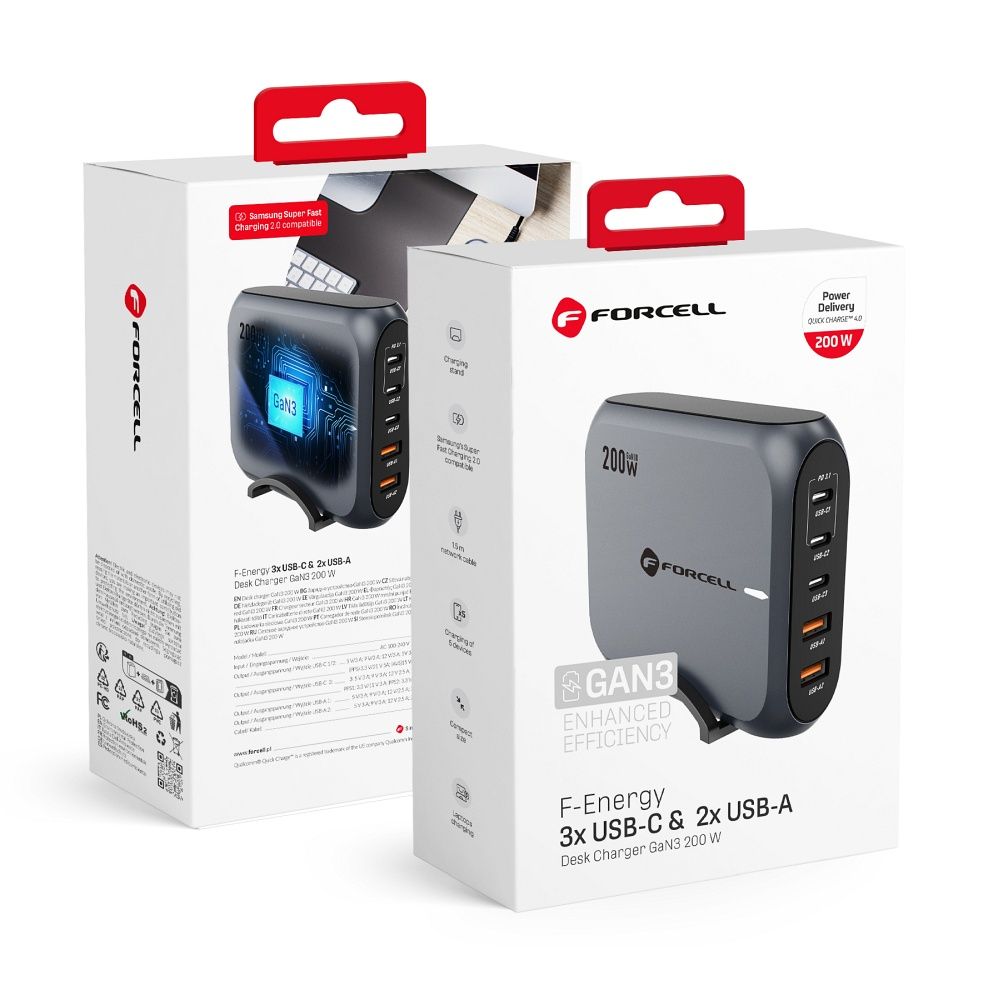 Forcell F-ENERGY GaN III VT-51 Charging Station, 200W, 5A, 2 x USB-A - 3 x USB-C, Gray