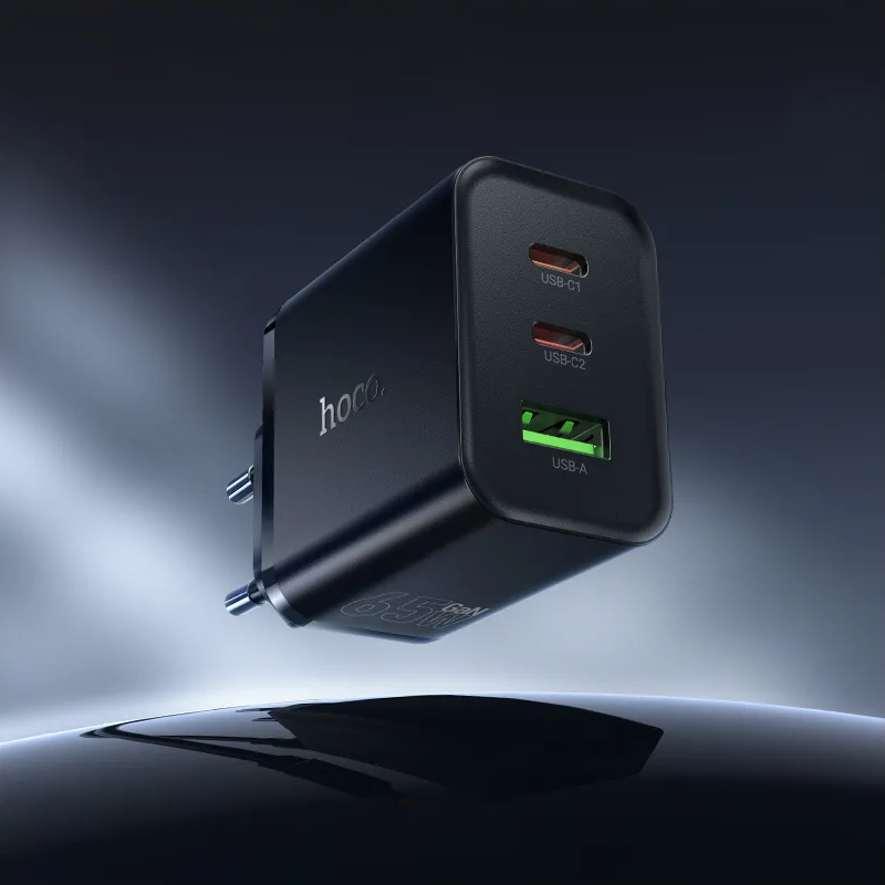 HOCO N75 Network Charger, 65W, 3A, 1 x USB-A - 2 x USB-C, Black