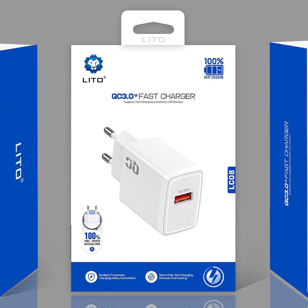 Lito LC08 Network Charger, 18W, 3A, 1 x USB-A, White