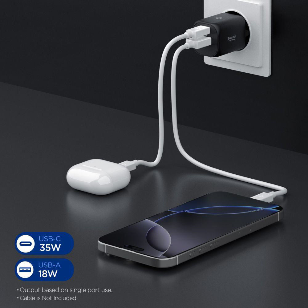 Spigen Essential Network Charger, 35W, 3A, 1 x USB-A - 1 x USB-C, Black ACH09463