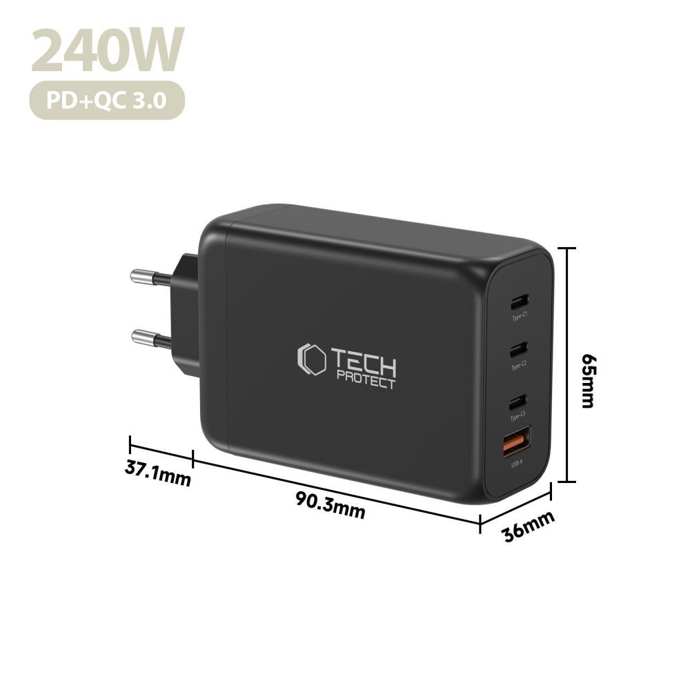 Tech-Protect NC240W-GAN Network Charger, 240W, 5A, 1 x USB-A - 3 x USB-C, Black