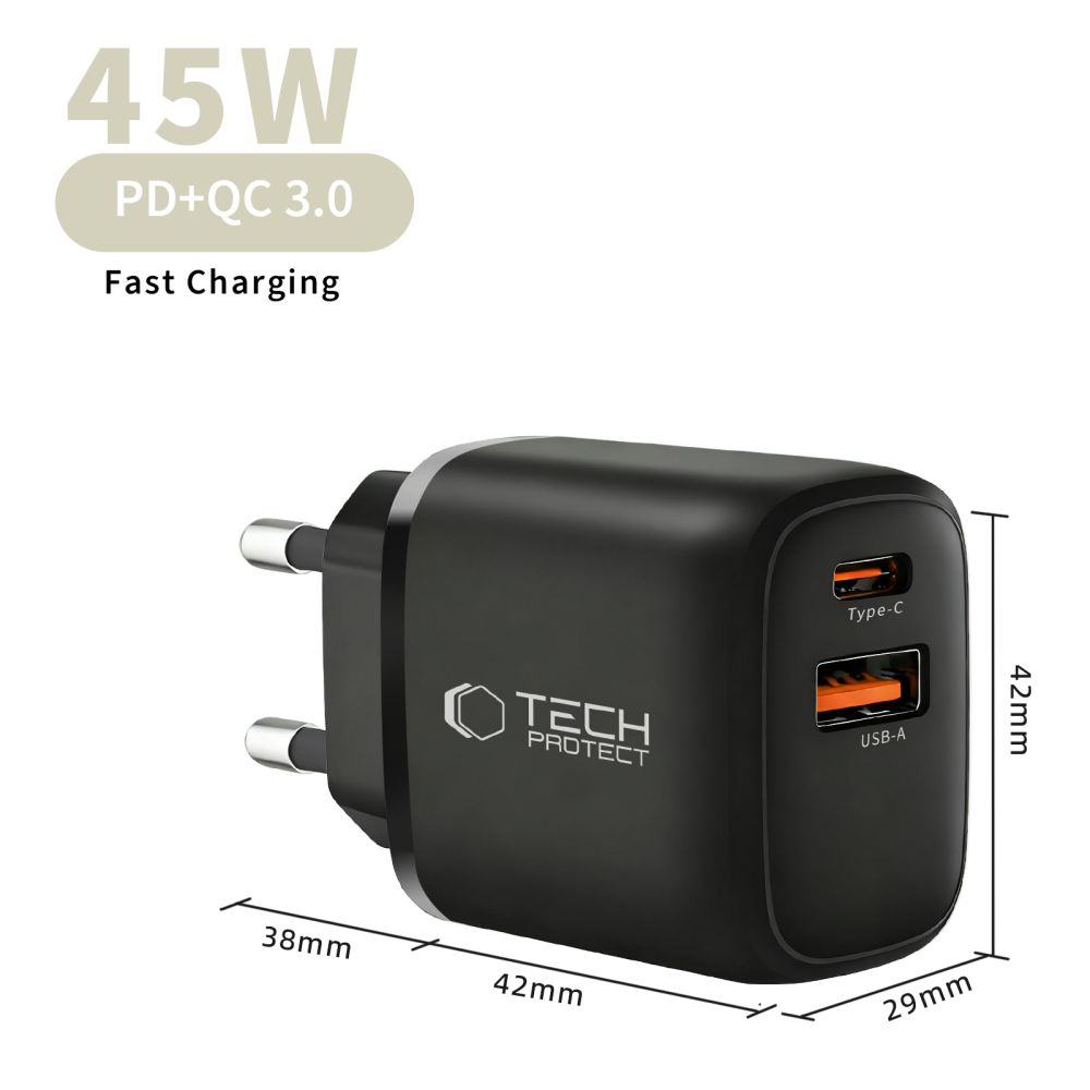 Tech-Protect NCA45W Network Charger, 45W, 3A, 1 x USB-A - 1 x USB-C, Black