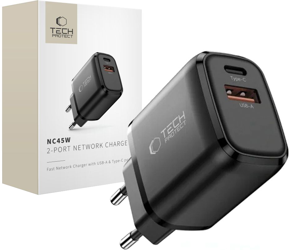 Tech-Protect NCA45W Network Charger, 45W, 3A, 1 x USB-A - 1 x USB-C, Black