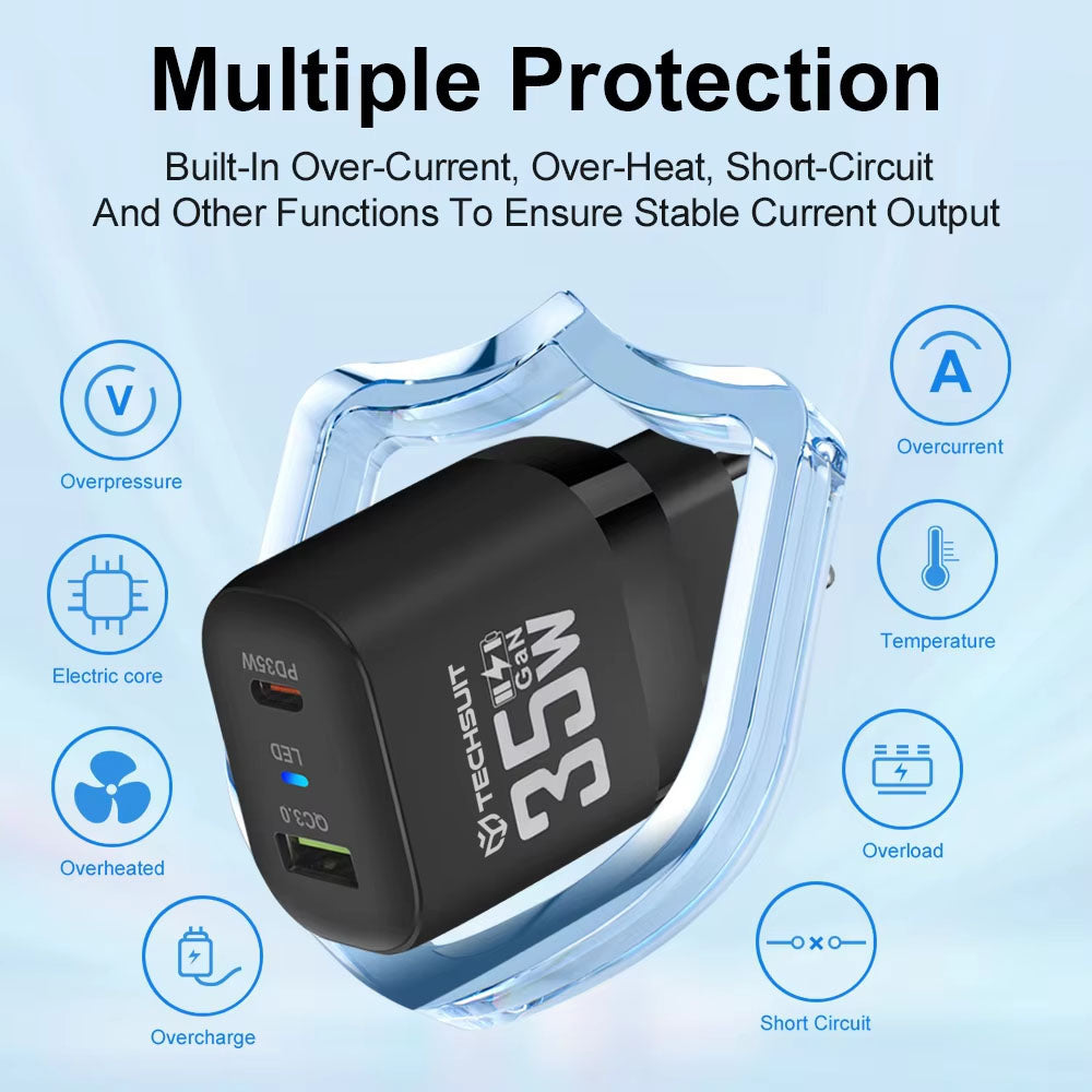 Techsuit CHPD174 Network Charger, 35W, 3A, 1 x USB-A - 1 x USB-C, Black