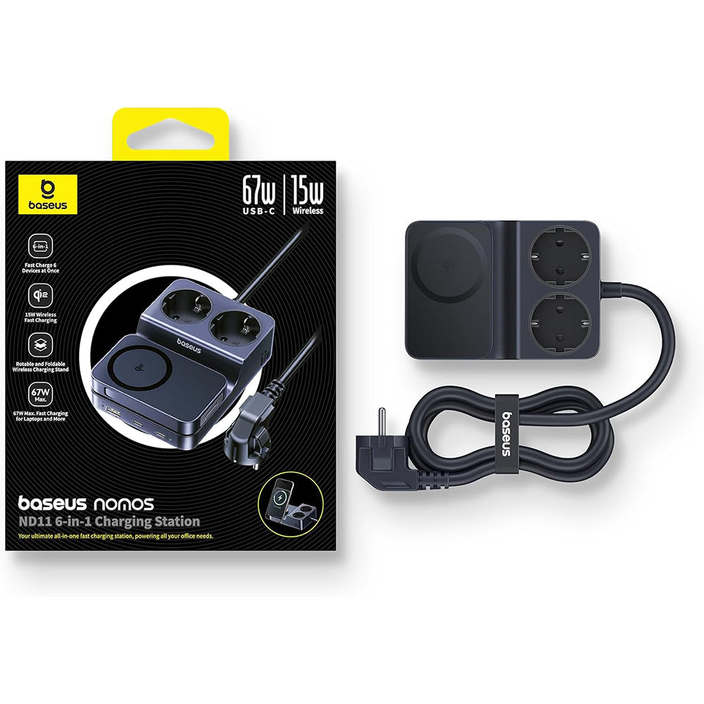 Baseus Nomos ND11 QI 6in1 Charging Station, 67W, 3.35A, 1 x USB-A - 2 x USB-C - 2 x Schuko, Black E00078801123-00