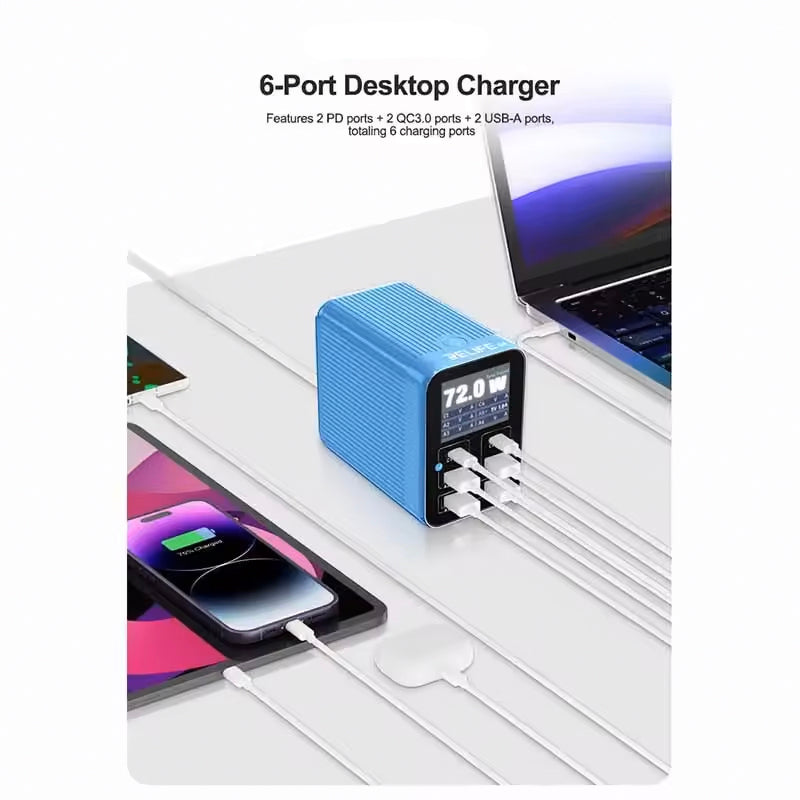 Relife Q4 Charging Station, 72W, 5A, 2 x USB-C - 4 x USB-A, Blue