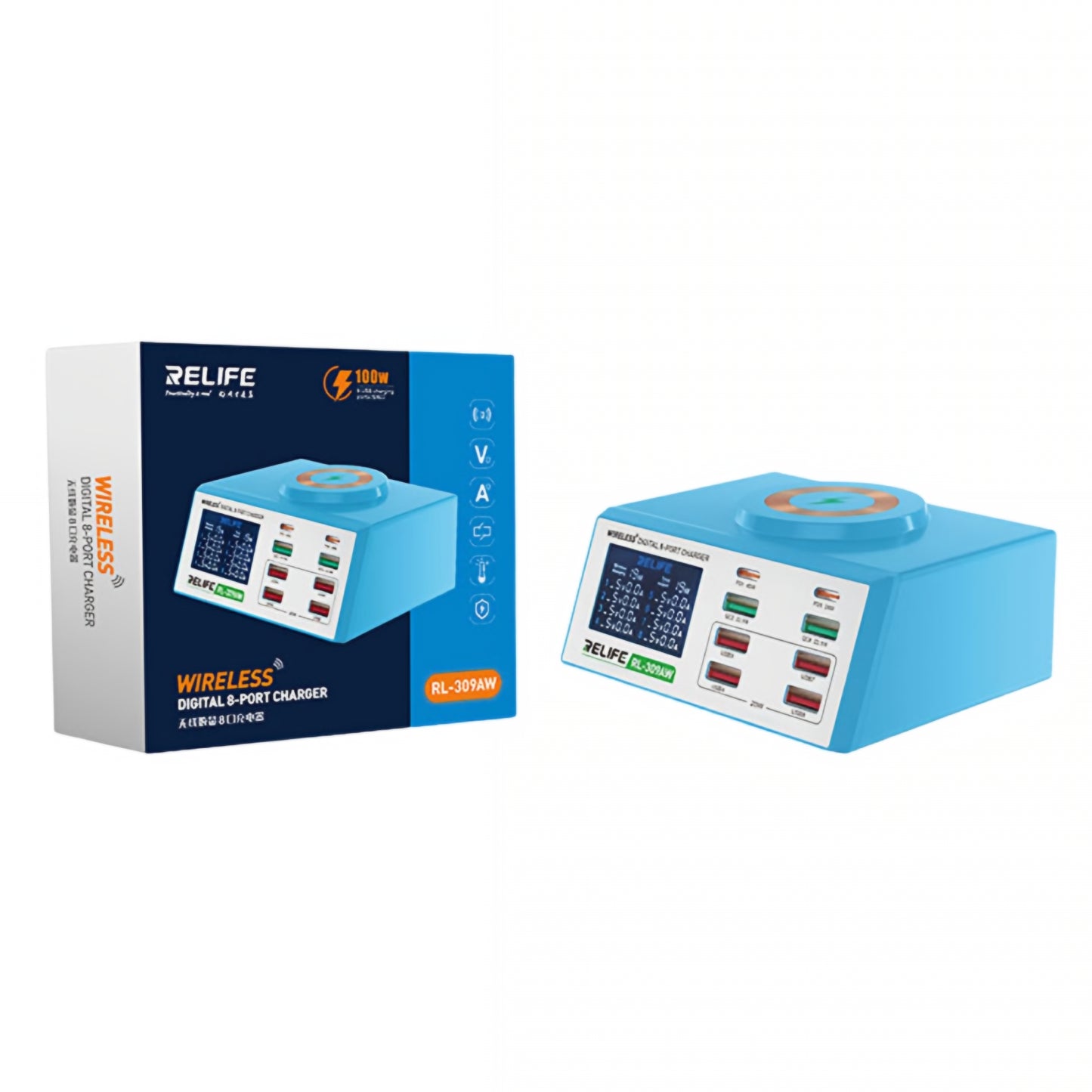 Relife RL-309AW Charging Station, 100W, 5A, 2 x USB-C - 6 x USB-A, Blue