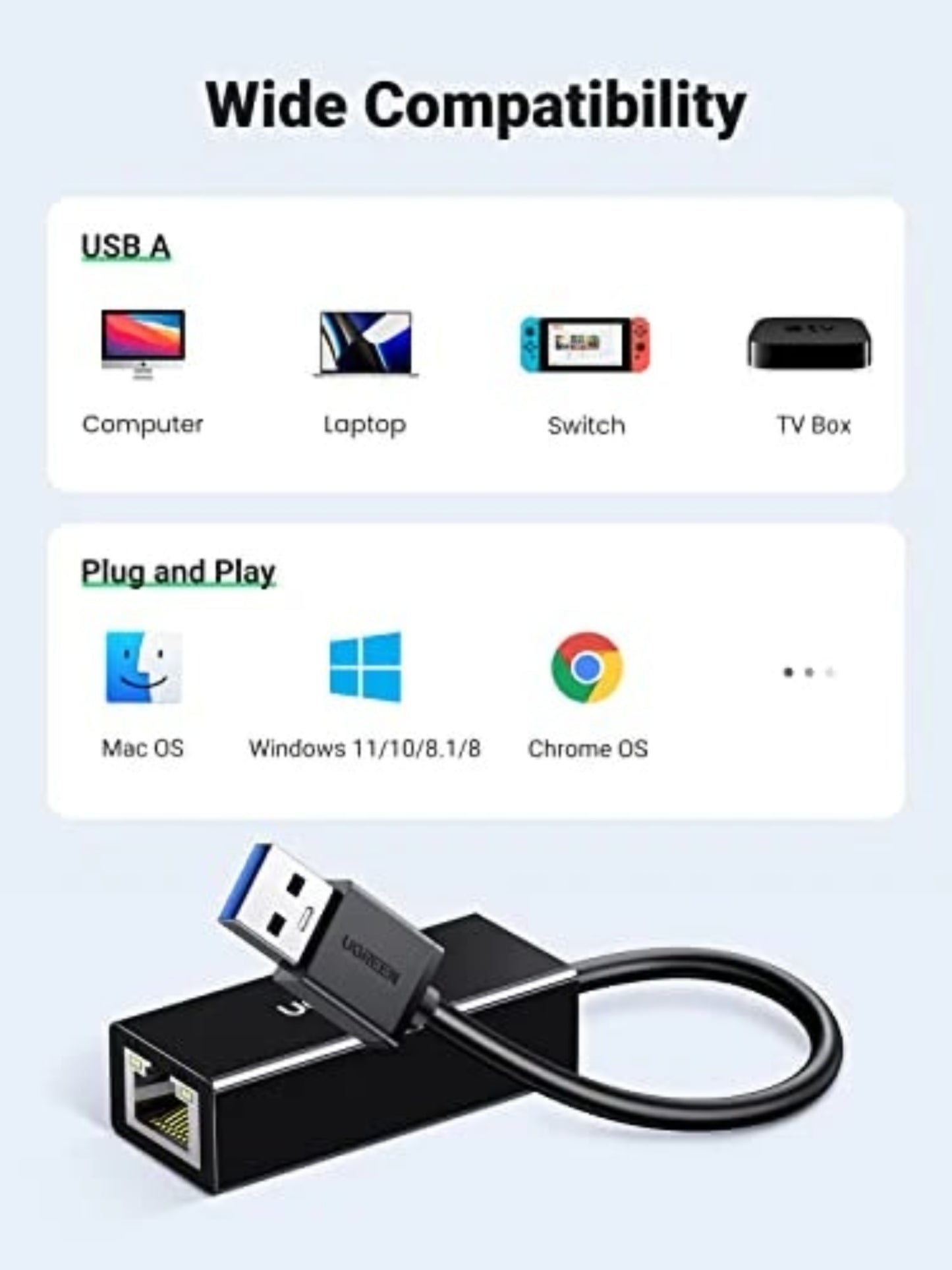 UGREEN CR111 Network Card, RJ45, USB 3.0, White