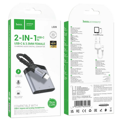 USB-C to USB-C / 3.5mm HOCO LS39 Audio Adapter, Black