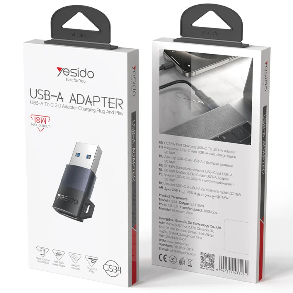 USB-C to USB-A Data and Charging Adapter Yesido GS34, Gray