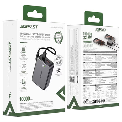 Acefast M28 External Battery, 10000mAh, 22.5W, QC + PD, 1 x USB-A - 2 x USB-C, Black