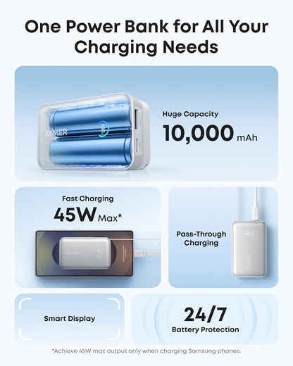 Anker Nano External Battery, 10000mAh, 45W, QC + PD, 1 x USB-A - 1 x USB-C, White A1638H21