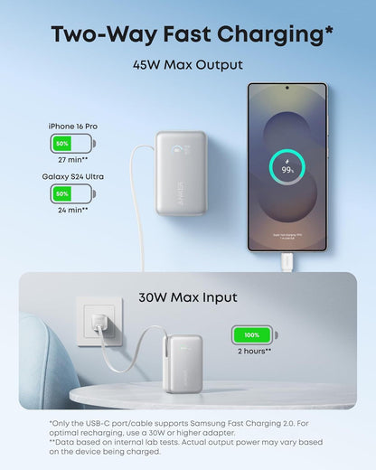 Anker Nano External Battery, 10000mAh, 45W, QC + PD, 1 x USB-A - 1 x USB-C, White A1638H21