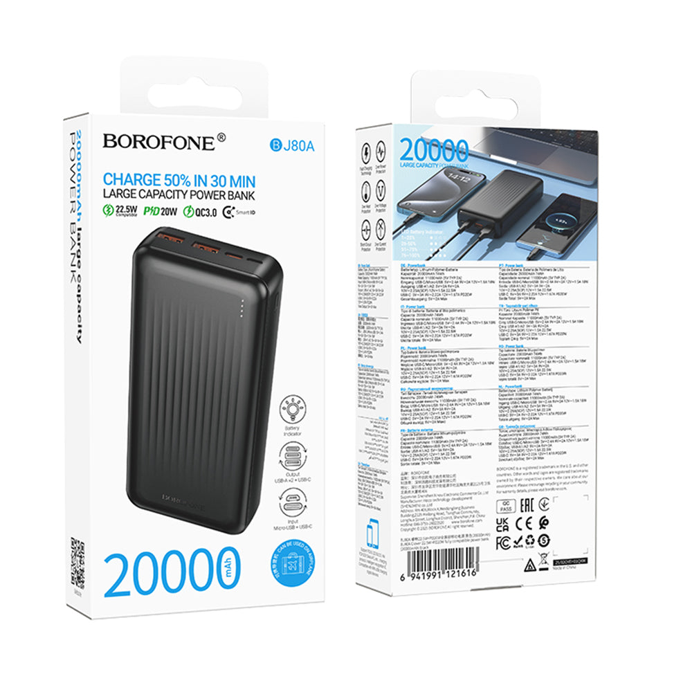 Borofone BJ80A Clever External Battery, 20000mAh, 22.5W, QC + PD, 1 x USB-C - 2 x USB-A, Black