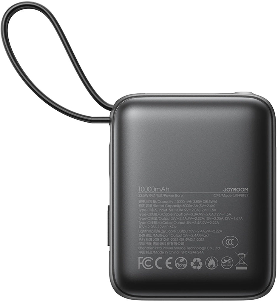 Joyroom JR-PBF27 External Battery, 10000mAh, 22.5W, QC + PD, 1 x Lightning - 2 x USB-C, Black