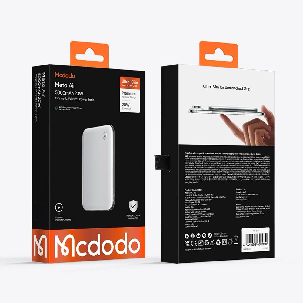 McDodo MC-2931 Meta Air Wireless External Battery, 5000mAh, 20W, PD + FQI, 1 x QI - 1 x USB-C, Black