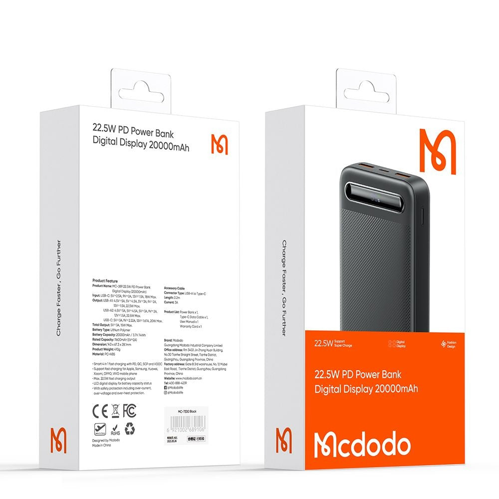 McDodo MC-3891 Star External Battery, 20000mAh, 22.5W, QC + PD, 2 x USB-A - 1 x USB-C, Black
