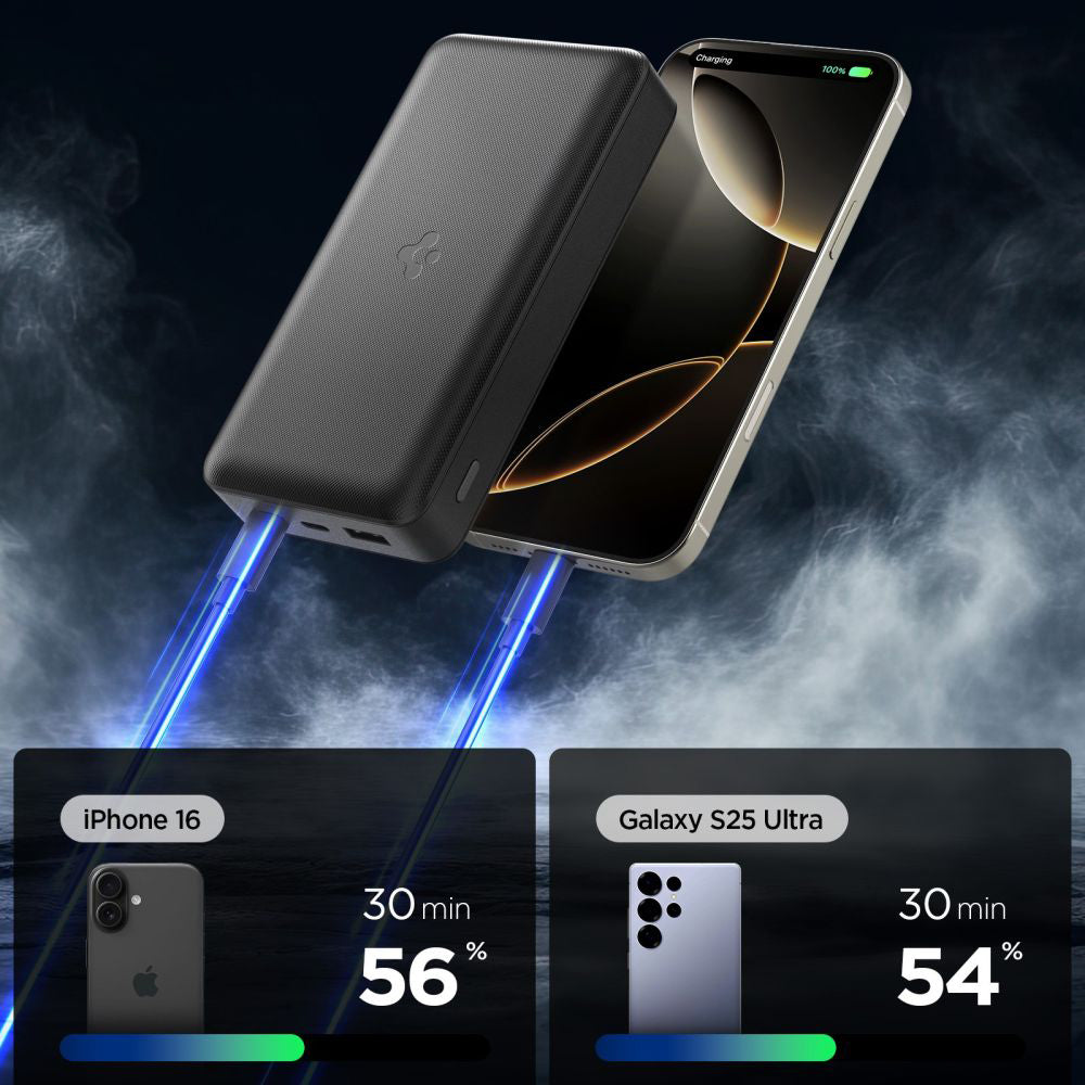 Spigen External Battery, 20000mAh, 30W, QC + PD, 1 x USB-A - 2 x USB-C, Black